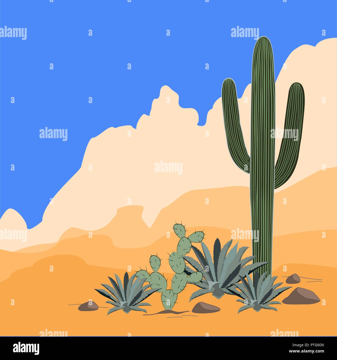 Sonnigen Mexiko Muster mit Opuntia, Agave, und Saguaro Kakteen. Die Berge im Hintergrund. Für text Stock Vektor