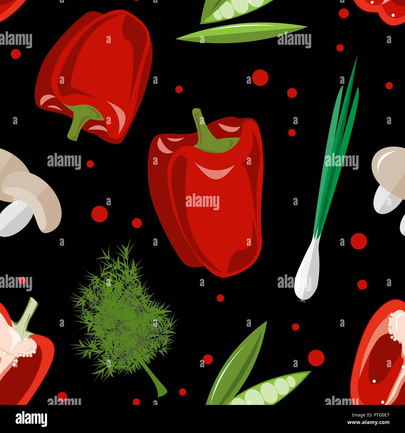 Die nahtlose Vektor Muster mit Reifen Gemüse. Champignons, Paprika, Zwiebeln, Erbsen und frischem Dill auf schwarzem Hintergrund. Hand gezeichnet Vektor Illust Stock Vektor