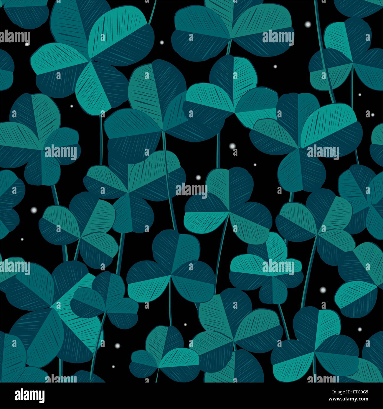 Nahtlose Muster mit Klee Blätter und Lichterketten. Vektor. Perfektes Design für Textil- oder Saint Patric tag Dekoration, trendigen Blau und cyan Palette Stock Vektor