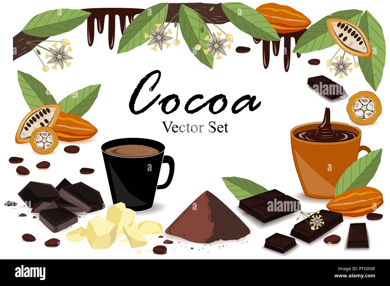 Cute frame Banner mit super Essen Kakao Kollektion. Pod, Bohnen, Kakaobutter, Kakaomasse, Schokolade, Kakao trinken, Splash, und Pulver. Vektor einrichten Stock Vektor