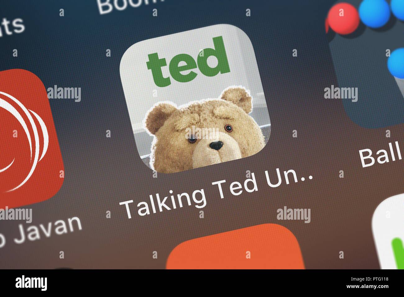 London, Großbritannien - 09 Oktober, 2018: Screenshot der NBCUniversal Media, LLC mobile App Talking Ted Unzensierte. Stockfoto