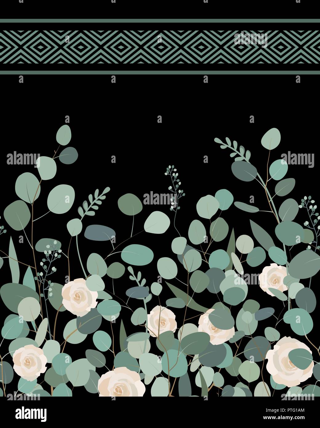 Elegante nahtlose Muster mit Silver Dollar eukalyptus Niederlassungen und Rosen auf schwarzem Hintergrund. Design für Bettzeug textile, Karten, Grenzen. Vektor Stock Vektor