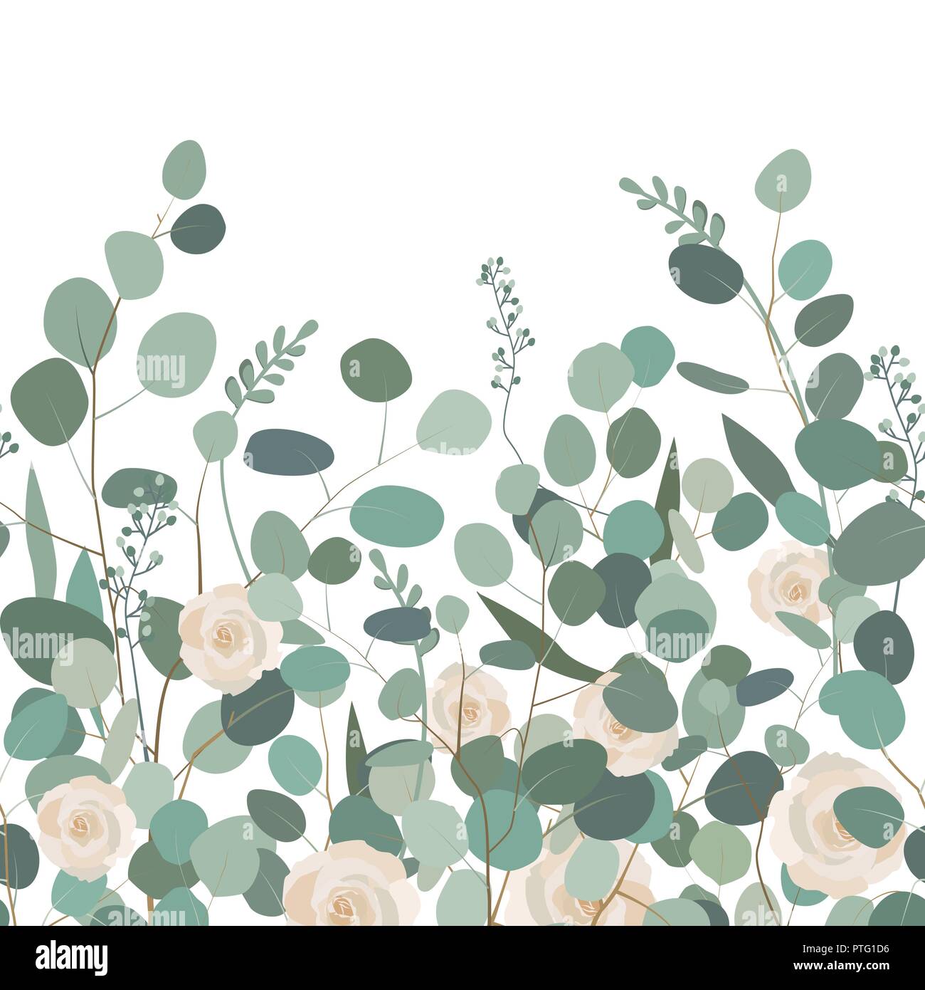 Nahtlose Muster mit Eukalyptus, Zweige und Rosen. Stock Vektor