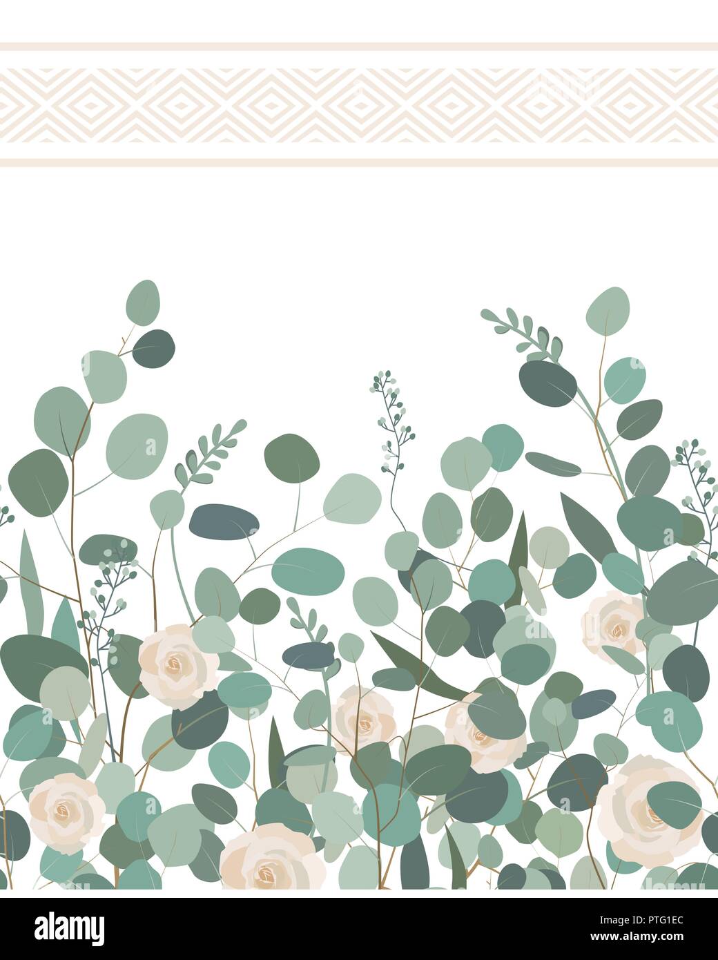 Elegante nahtlose Muster mit Silver Dollar eukalyptus Niederlassungen und Rosen auf weißem Hintergrund. Design für Bettzeug textile, Karten, Grenzen. Vektor Stock Vektor