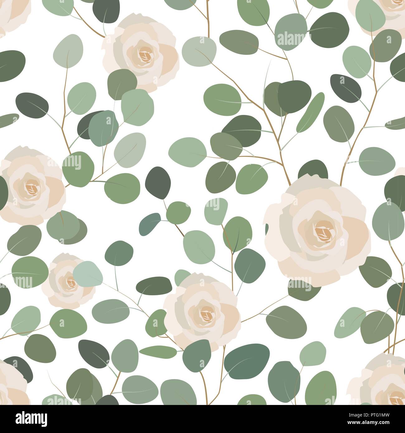 Nahtlose Muster mit Eukalyptus- und Rosen. Elegante handgemalten floralen Ornament. Vector Illustration, weißer Hintergrund Stock Vektor