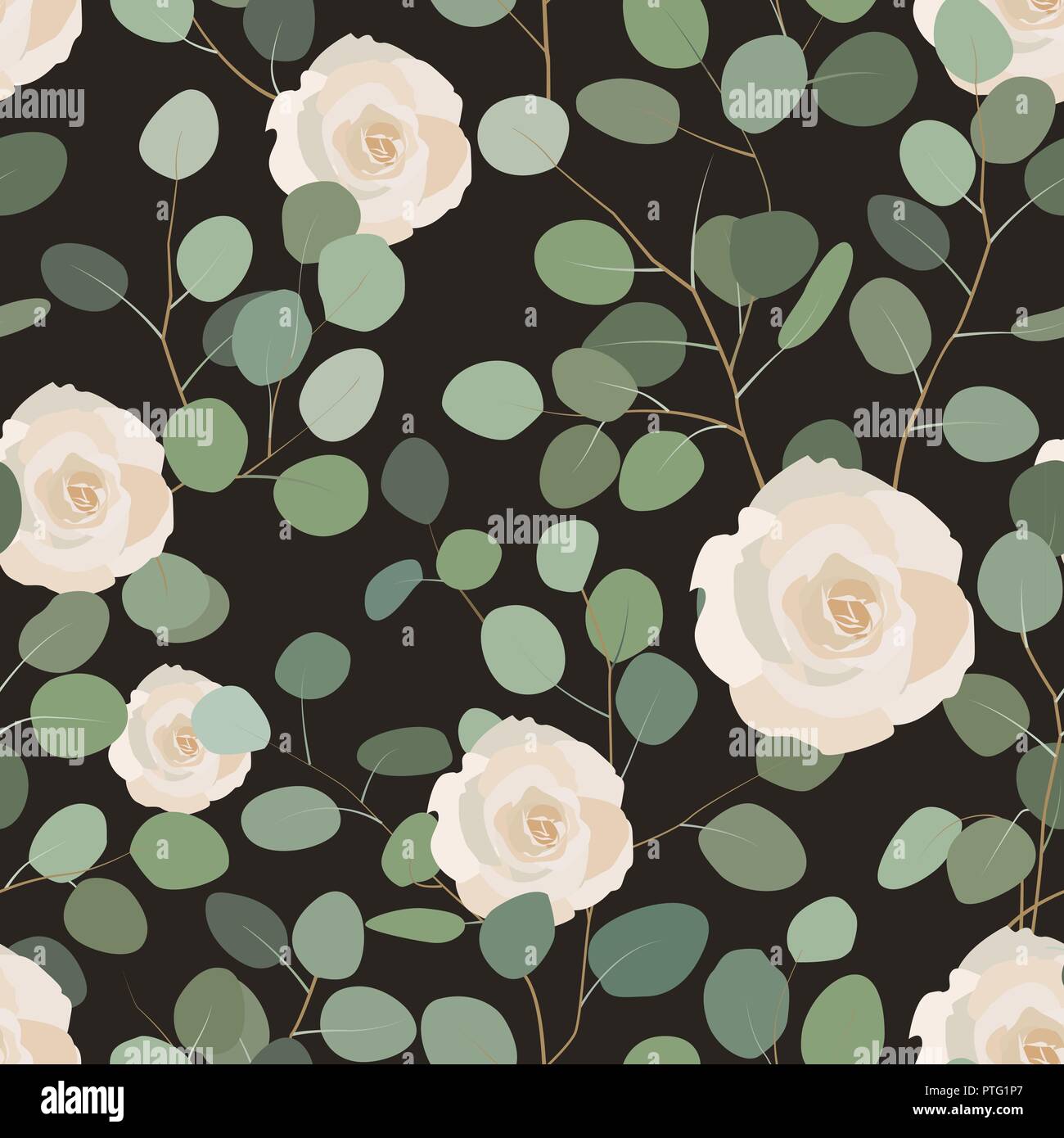 Nahtlose Muster mit Eukalyptus- und Rosen. Elegante handgemalten floralen Ornament. Vector Illustration Stock Vektor