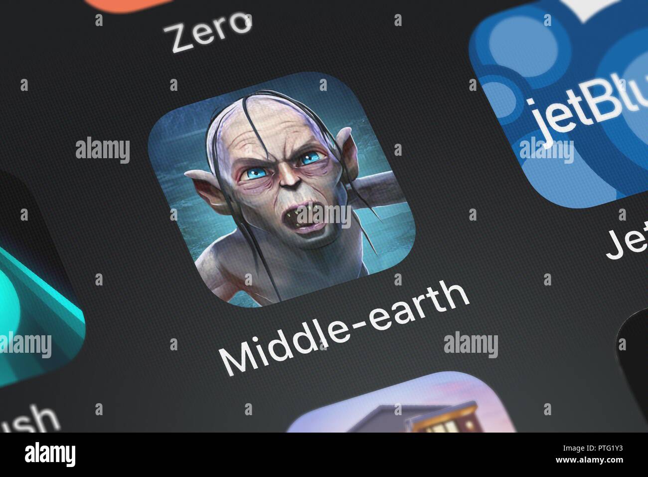 London, Großbritannien - 09.Oktober 2018: Symbol der mobile App Middle-earth: Schatten des Krieges von Warner Bros. auf einem iPhone. Stockfoto