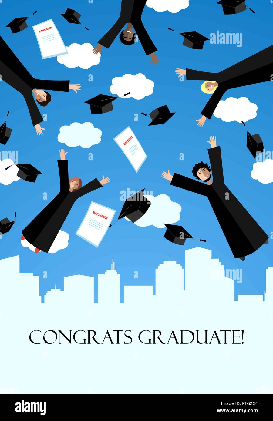 Glückliche Absolventen fliegen in die Luft, mit Graduierung Hüte. Abschlussfeier Banner oder Frame. Springen Studenten und Graduation Caps über der Stadt. Vect Stock Vektor