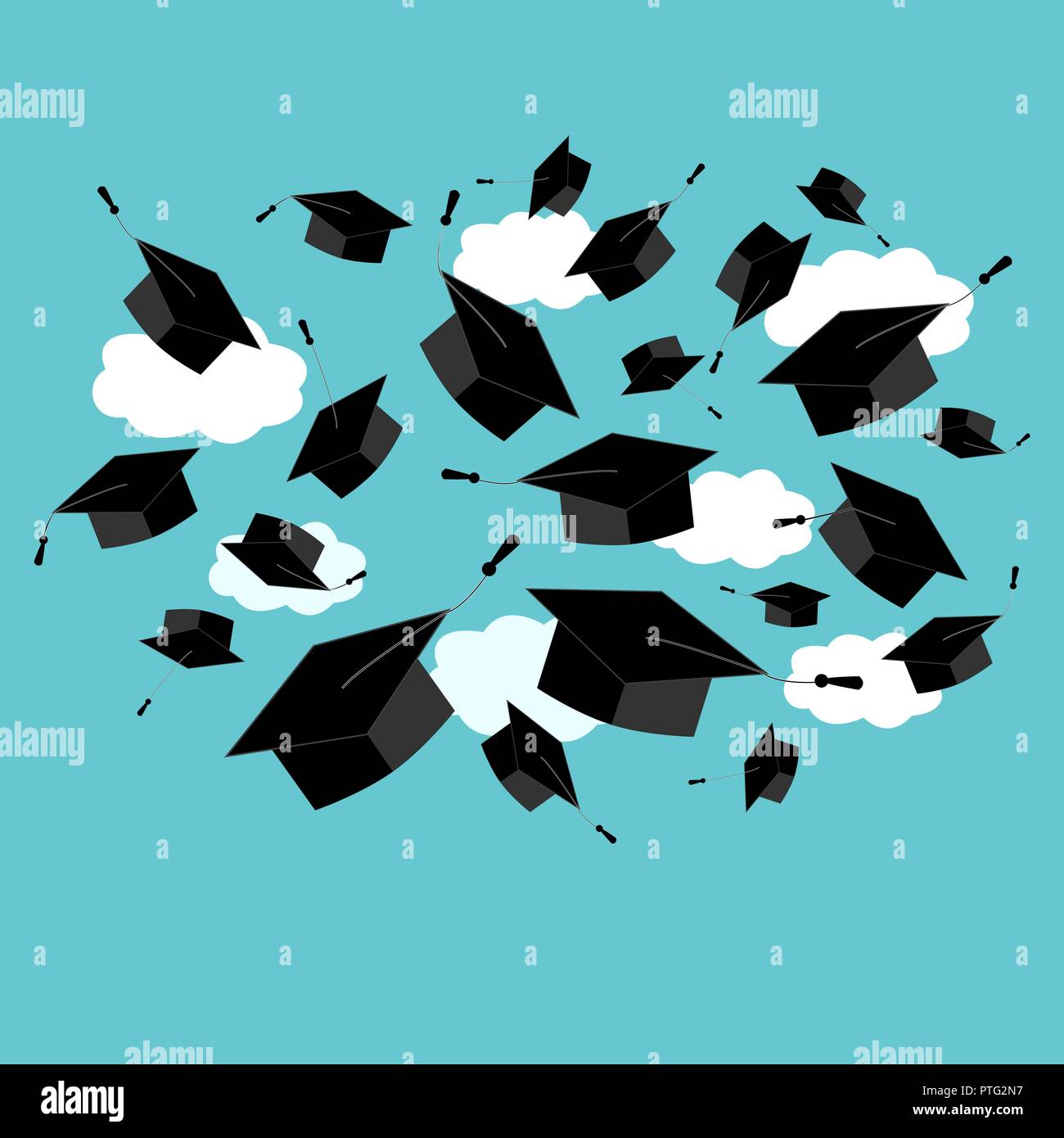 Graduation caps fliegen in der Luft in einem Moment der Feier. Abstrakte cloud Element für die Abschlussfeier Design. Vector Illustration, Schwarz und Weiß Stock Vektor