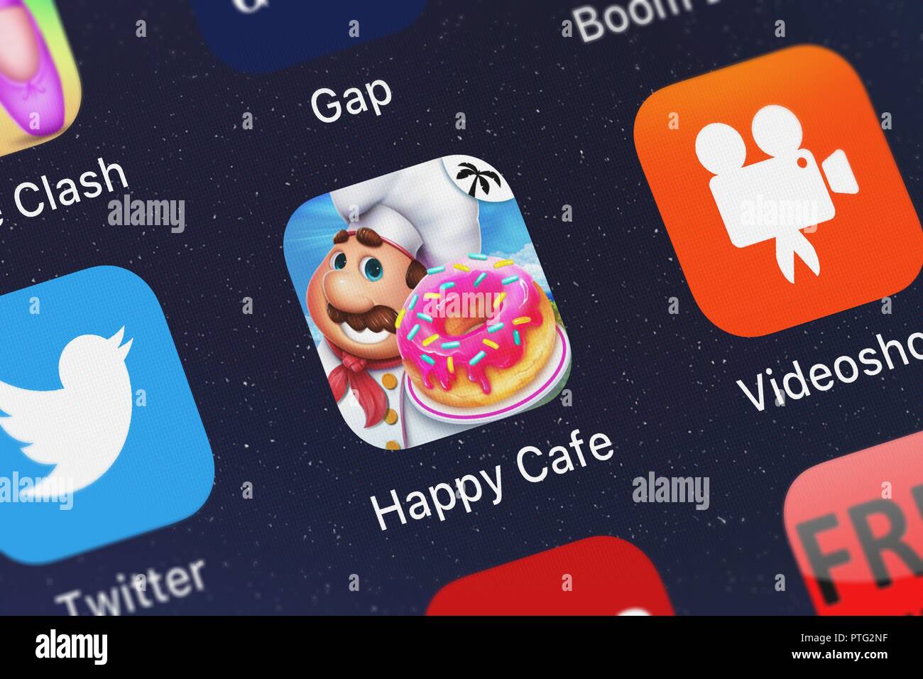 London, Großbritannien - 09.Oktober 2018: Nahaufnahme des Happy Cafe mobile App von Nordcurrent. Stockfoto
