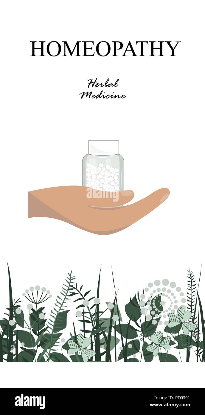 Florale und mit Homöopathie Granulat Flasche. Karte oder Banner für Medizin Zentrum. Vector Illustration Stock Vektor