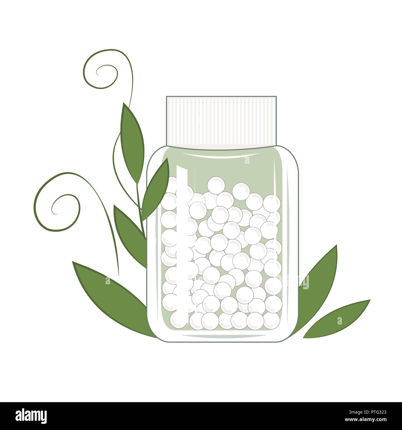 Anlagen- und Flasche mit gomeophatic granulas. Alternative Medizin mit homöopathische und pflanzliche Pillen. Gesundheit Konzept. Vector Illustration Stock Vektor