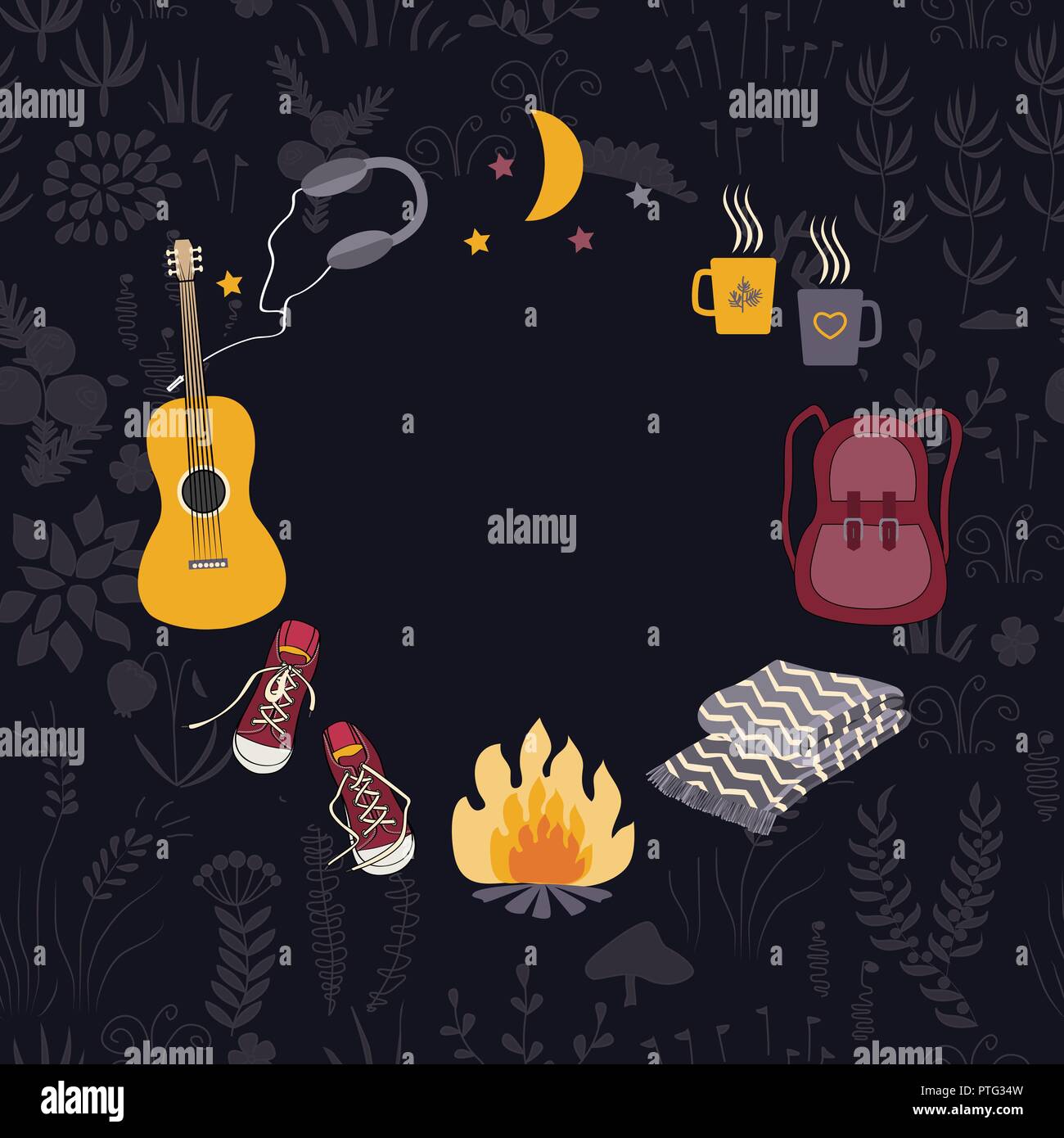 Kreis Camping Rahmen. Muster mit Tourismus und Camping Symbole: Rucksack, Lagerfeuer, Gitarre und Wanderkleidung. Wald floral background. Vektor illust Stock Vektor