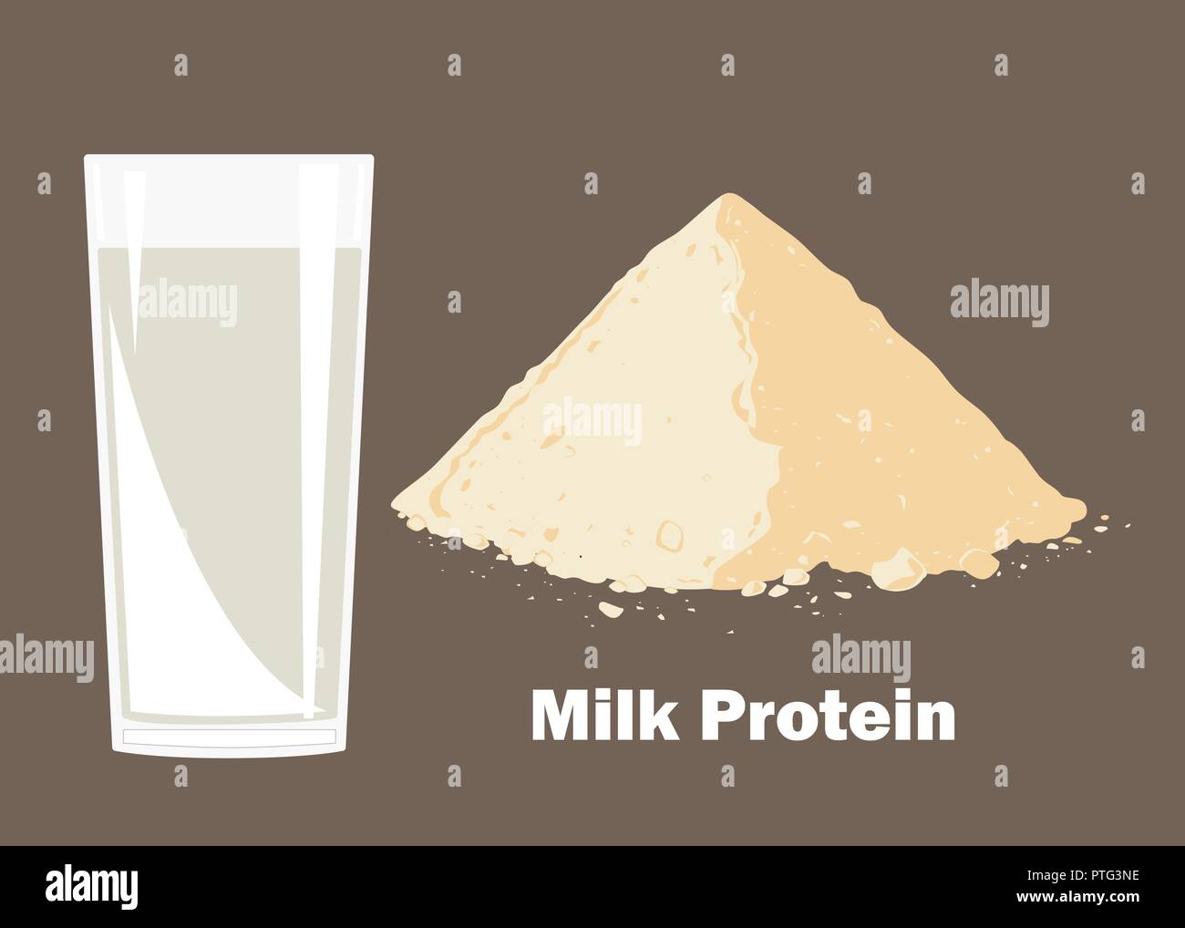 Whey Protein Pulver und ein Glas Milch. Vector Illustration. Bodybuilding Supplement Konzept. Stock Vektor