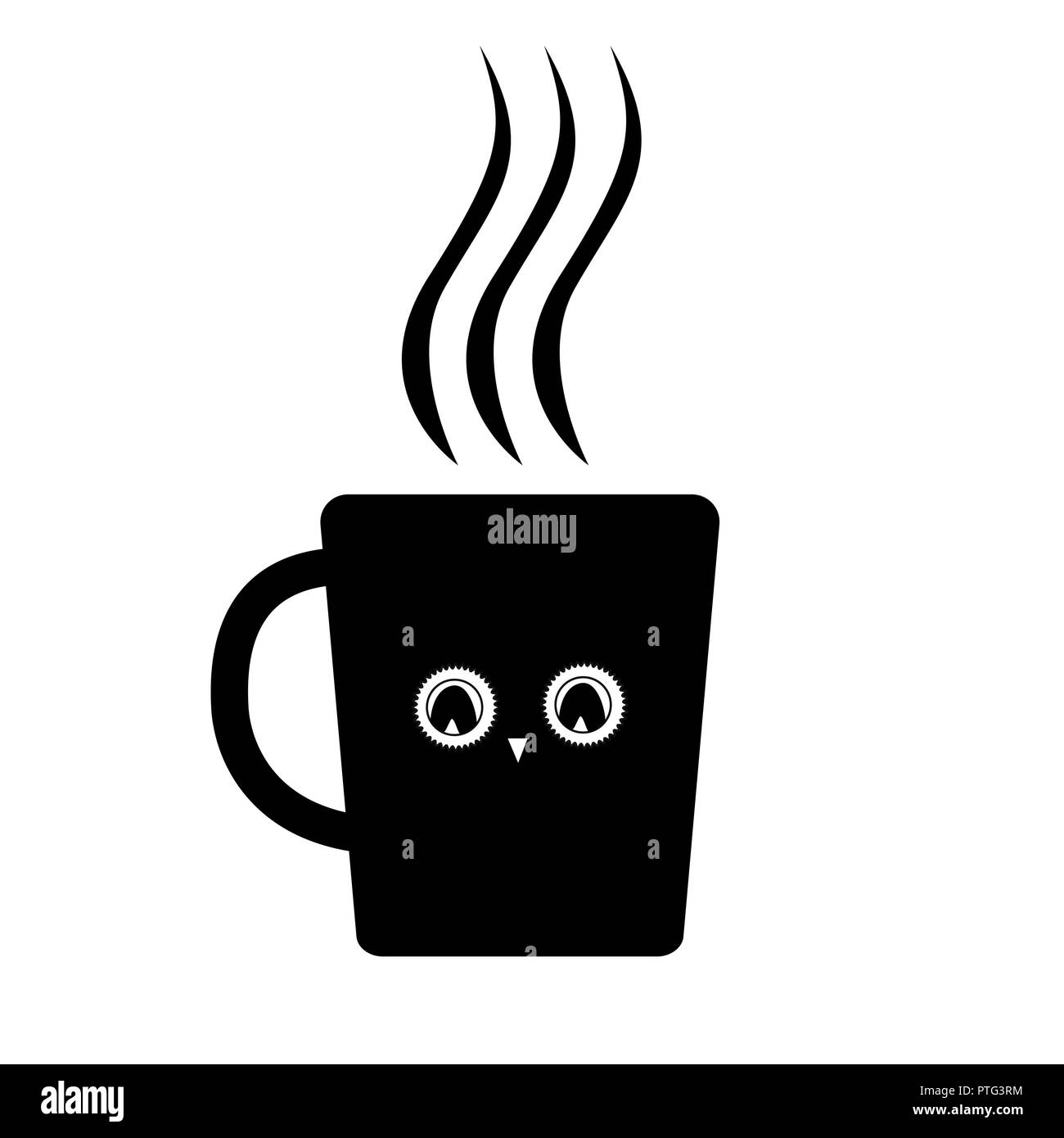 Hübsche Tasse mit lustigen Eule Augen.. Dampfende Tasse Charakter. Schwarz vektor Symbol auf weißem Hintergrund. Stock Vektor