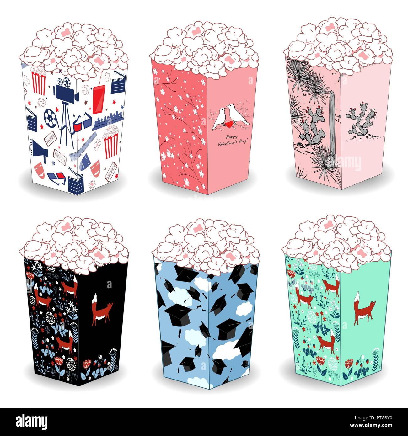 Popcornwanne boxen Design. Vector Illustration, isoliert auf Weiss. Pop Corn Eimer mit Kakteen, gradsuation Hüte, Märchenwald und Kino Attribut Stock Vektor