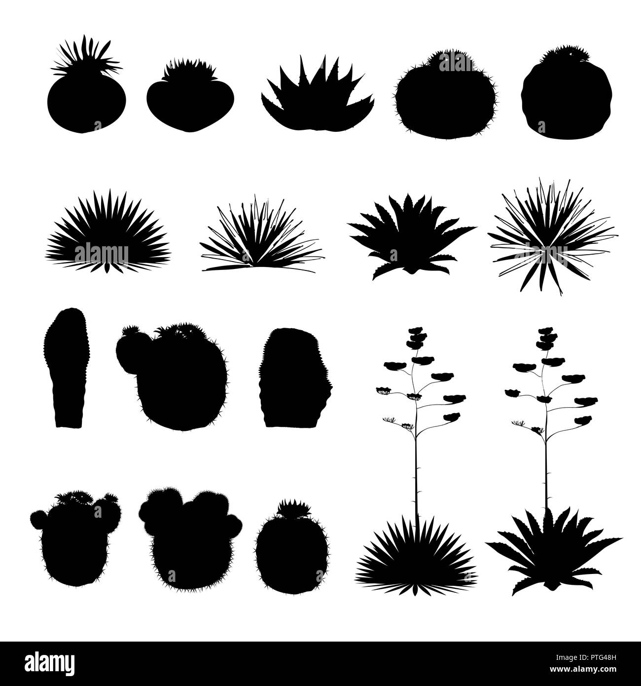 Schwarze Silhouetten von runden Kakteen und blauen Agave. Abbildung. Vektor Design Elements Collection Stock Vektor