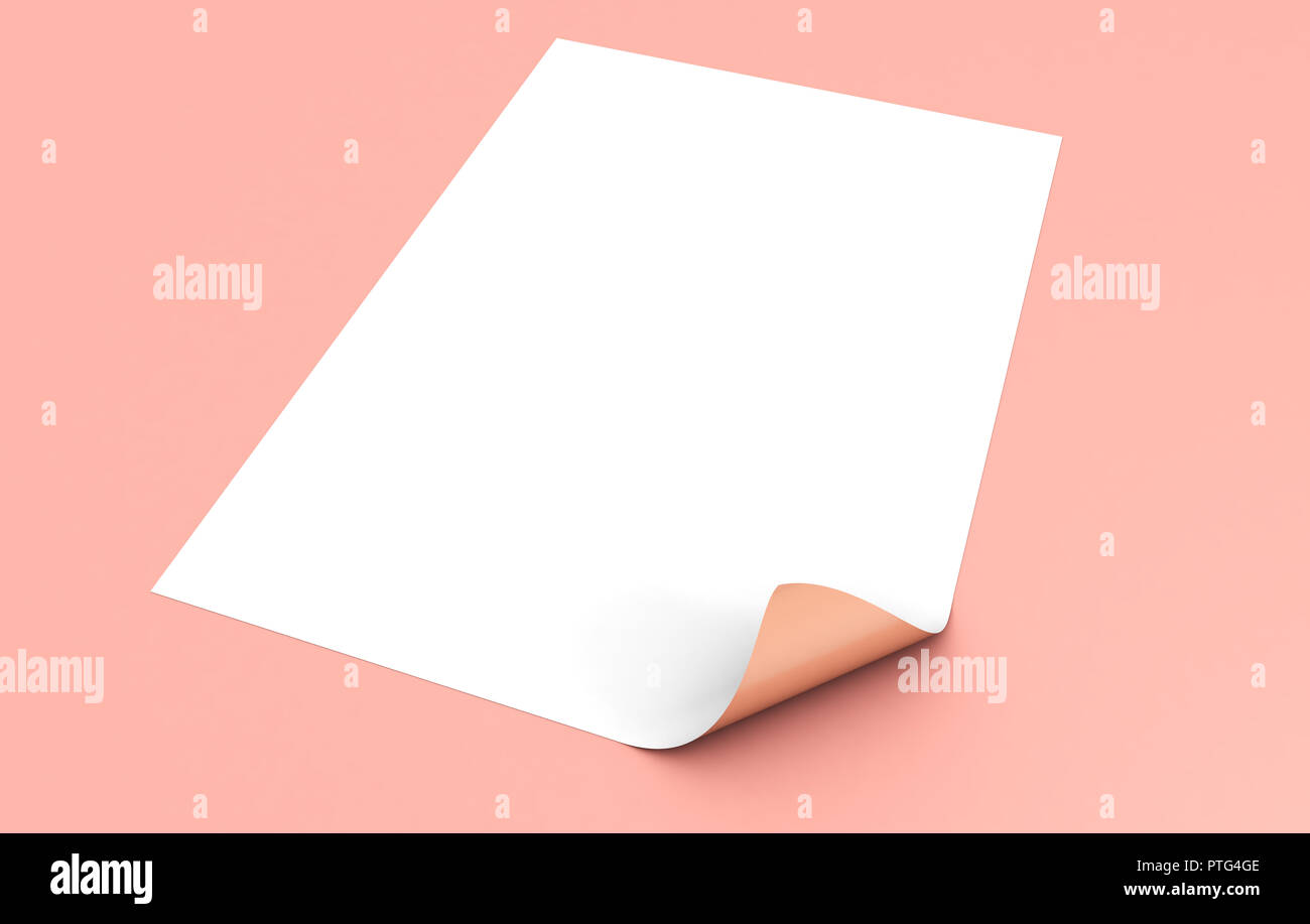 Blatt auf rosa Grund mit Biegungsecke 3d rendeing mockup Stockfoto