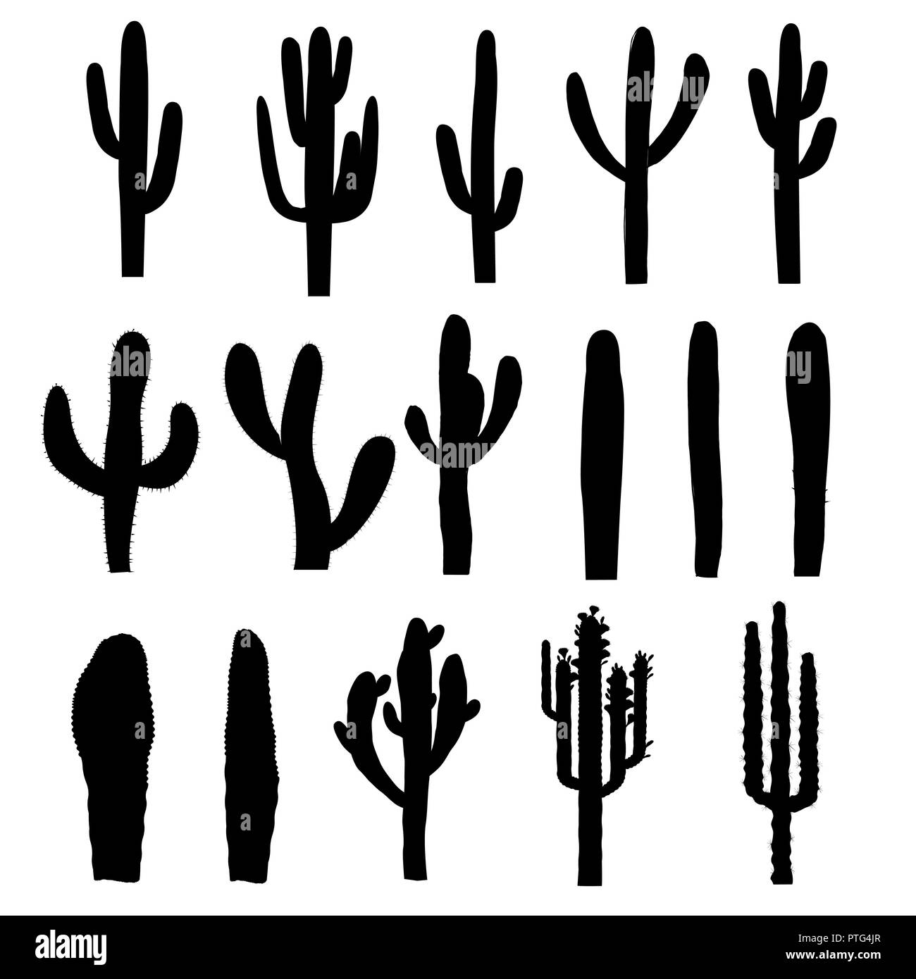 Schwarz saguaro Silhouetten der verschiedenen Formen. Vector Illustration Stock Vektor