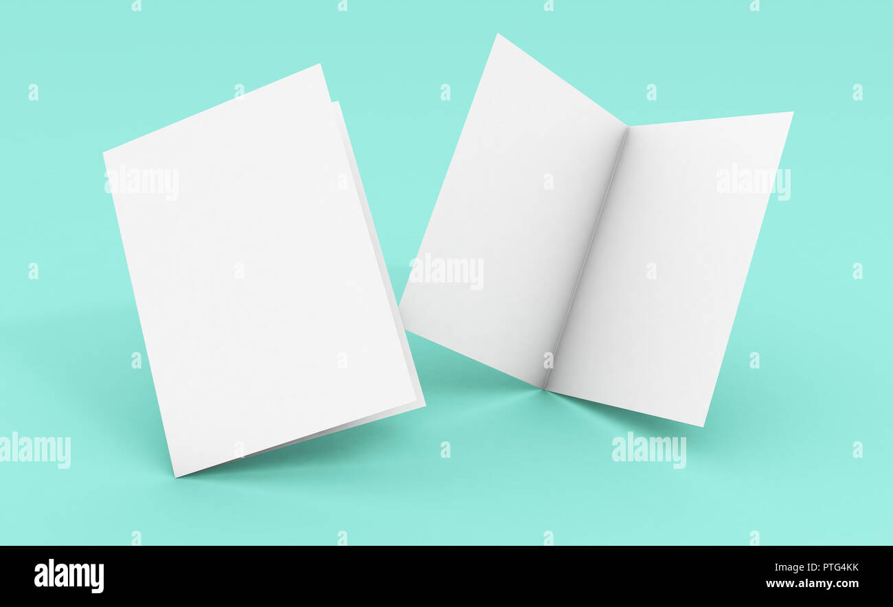 Leere bifold Broschüre 3D-Rendering auf blauem Hintergrund Stockfoto