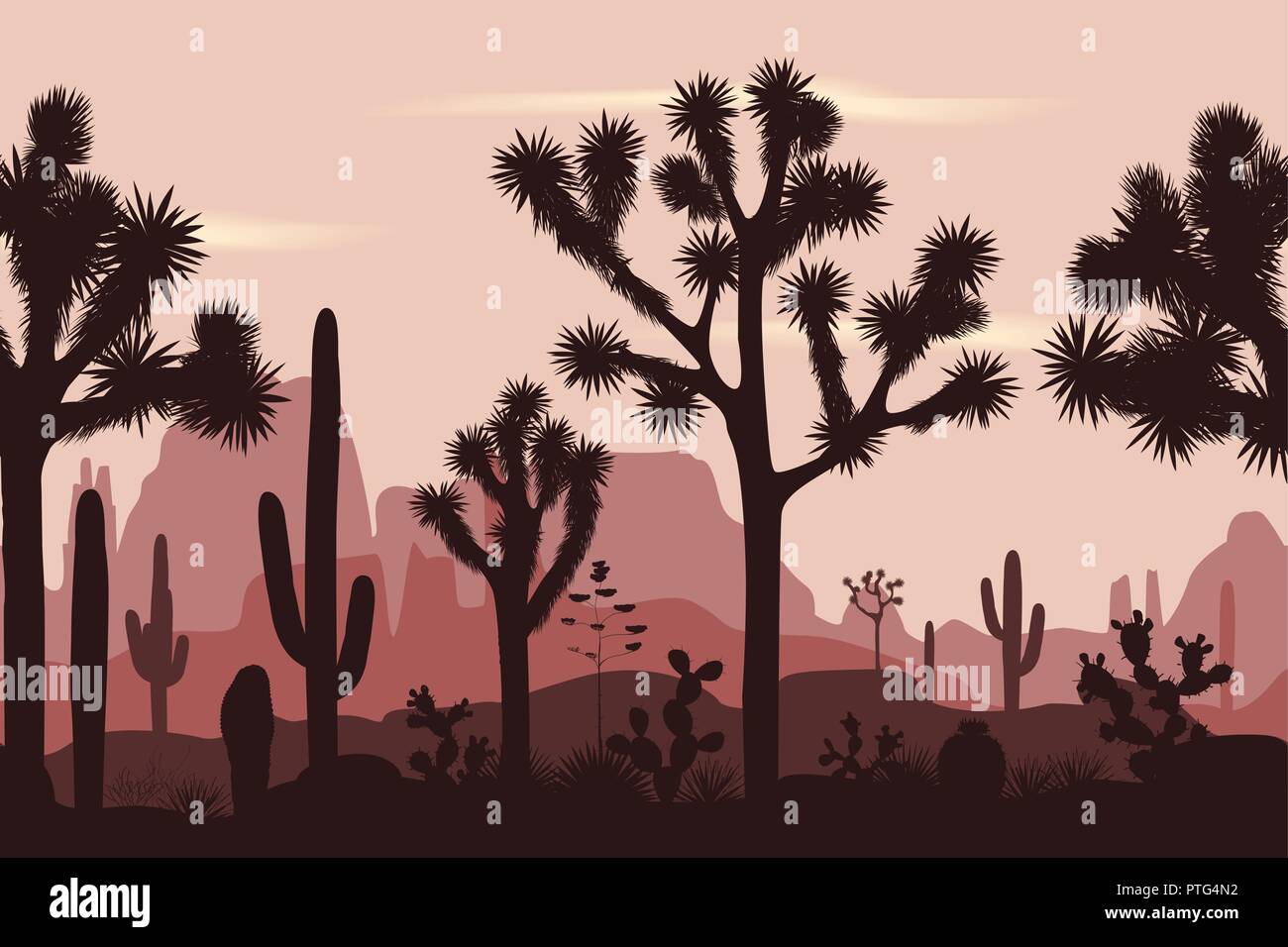 Wüste nahtlose Muster mit Silhouetten von Joshua Bäume, Opuntia, Saguaro Kakteen. Die Berge im Hintergrund. Stock Vektor