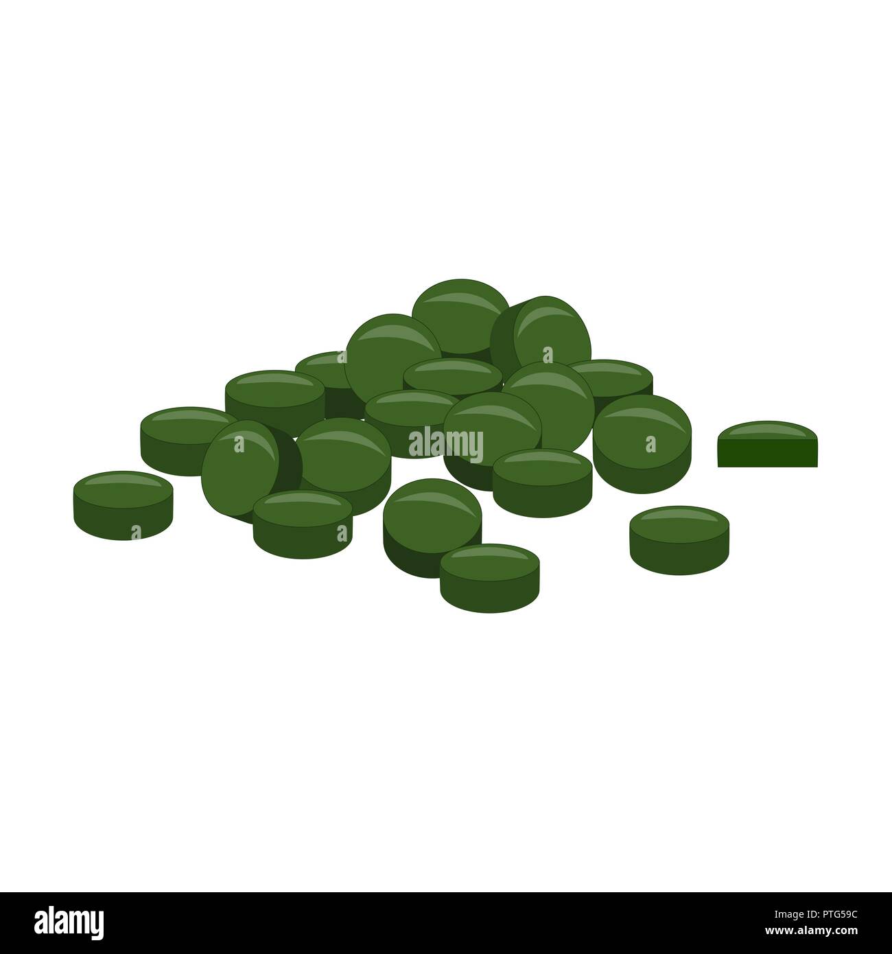 Spirulina, Chlorophyll, oder Chlorella Tabletten auf weißem Hintergrund. Design Element für Verpackungen. Flache Vector Illustration Stock Vektor