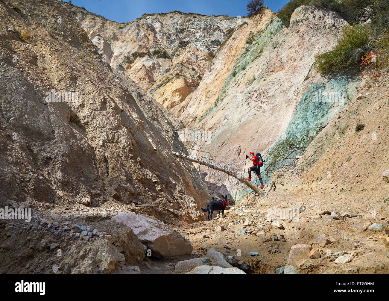 Alter Mann im roten Hemd und schwarzen Hund Wandern in den Bergen. Outdoor Travel Concept Stockfoto