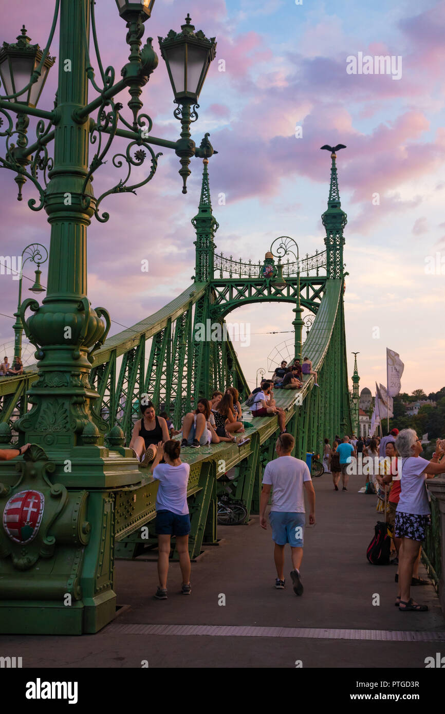 Die Freiheitsbrücke in Budapest ist gelegentlich für den gesamten Verkehr gesperrt, Menschen gehen, klettern und feiern auf ihr. Stockfoto