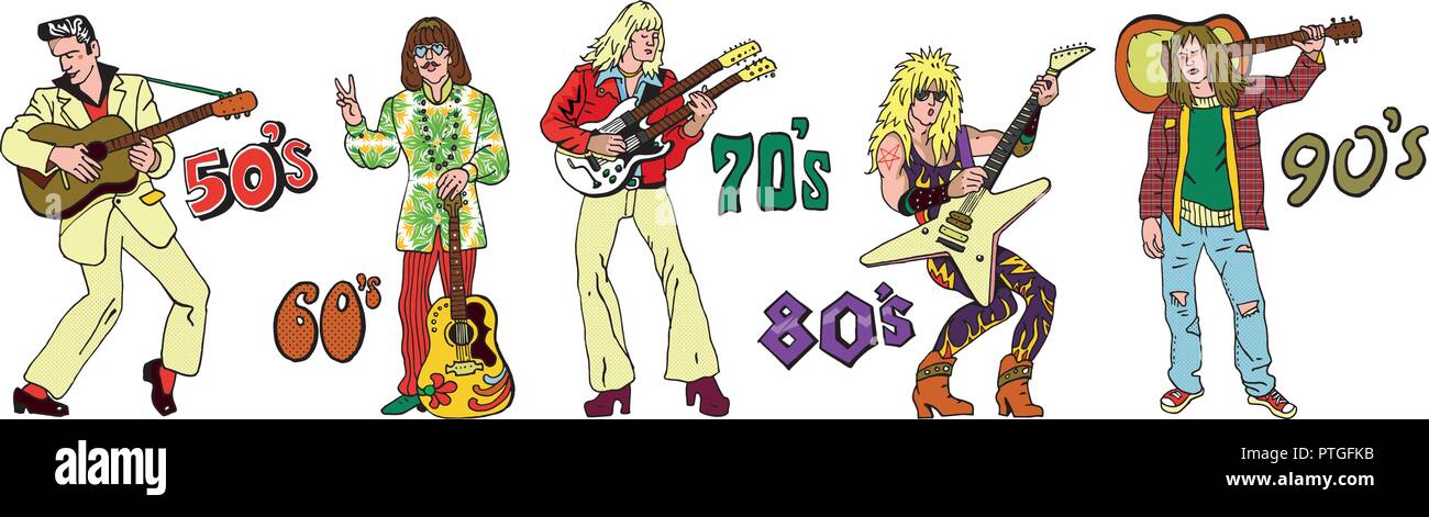 Beliebte 20. Jahrhundert rock Musikrichtungen: 50s Rock'n'Roll, 60er Hippie, 70s Progressive Rock, 80s Glam Metal, 90s Grunge. Hand flüchtig Abbildung gezeichnet. Rock Stars, Gitarristen. Stock Vektor