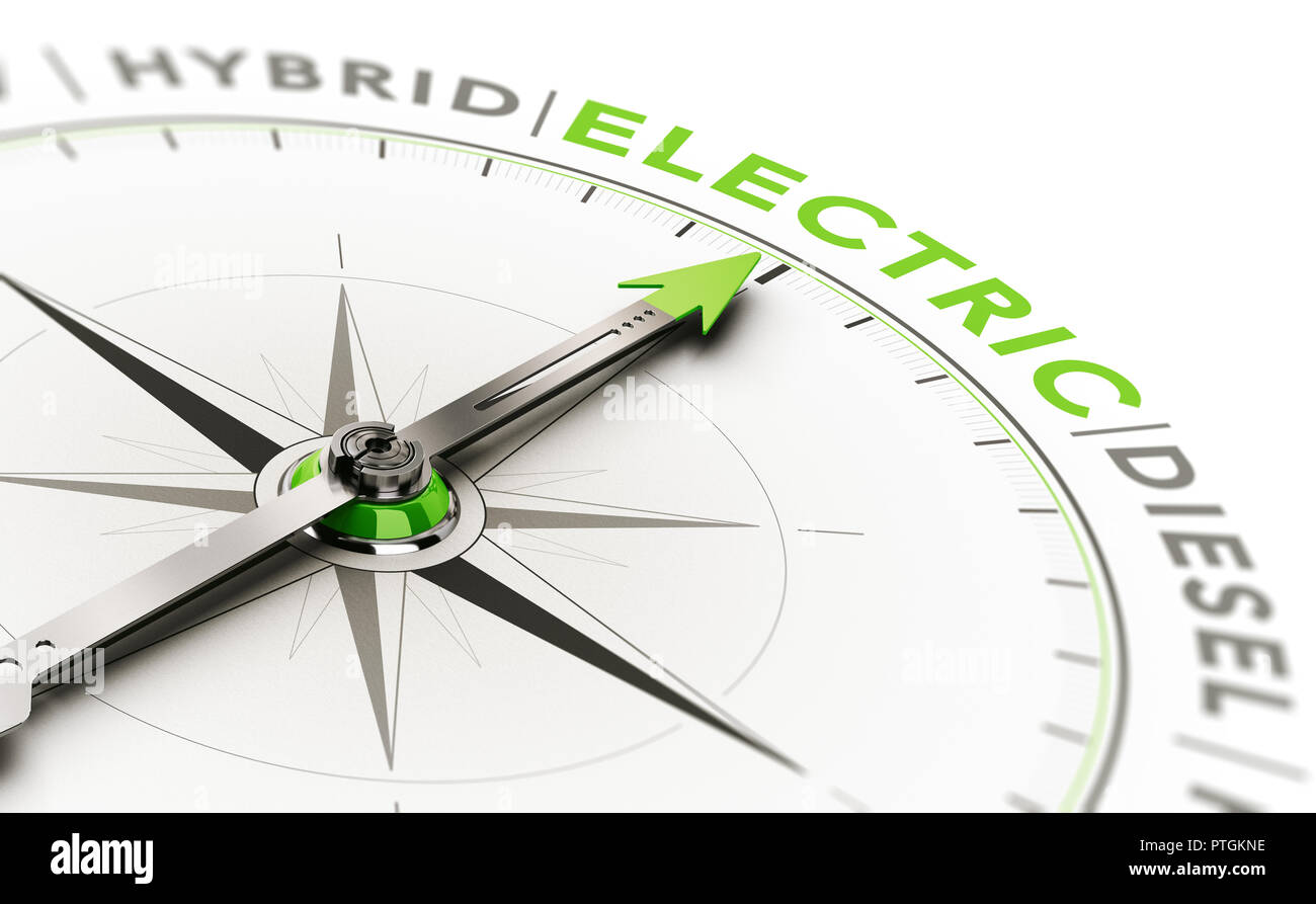 3D-Darstellung eines Kompass mit Nadel nach dem Wort Electric. Konzept der Fahrzeugtyp Wahl. Stockfoto