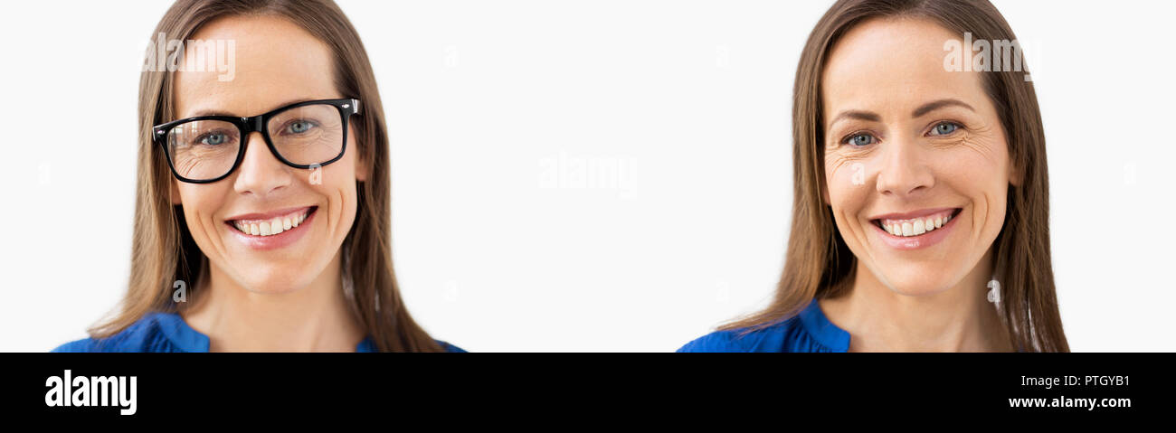 Dieselbe Frau mit und ohne Brille Stockfoto