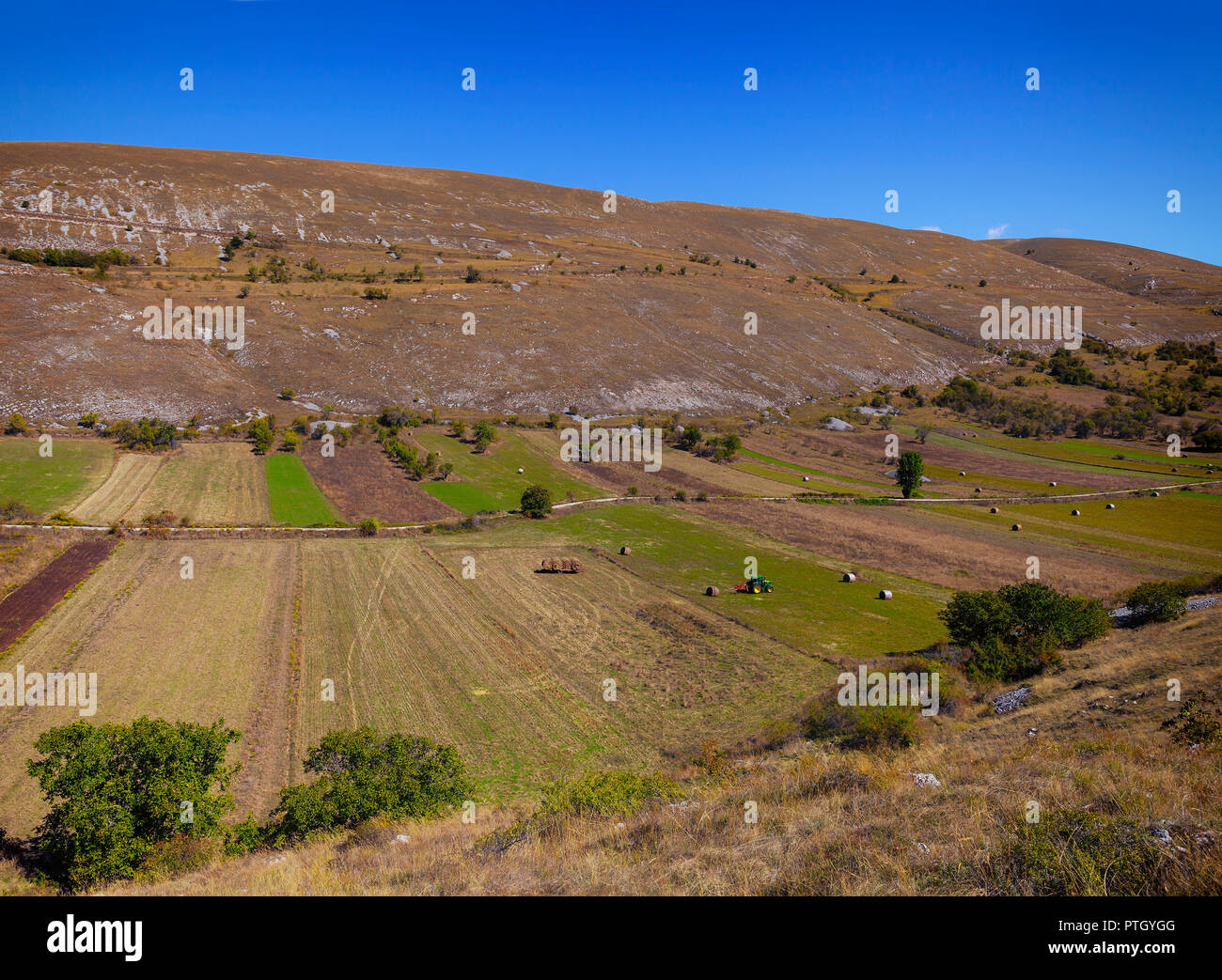 Ein Traktor gesammelt Heuballen in der Nähe von Santo Stefano di Sessanio, einer Stadt in der Provinz L'Aquila in der Region Abruzzen im südlichen Italien. Stockfoto