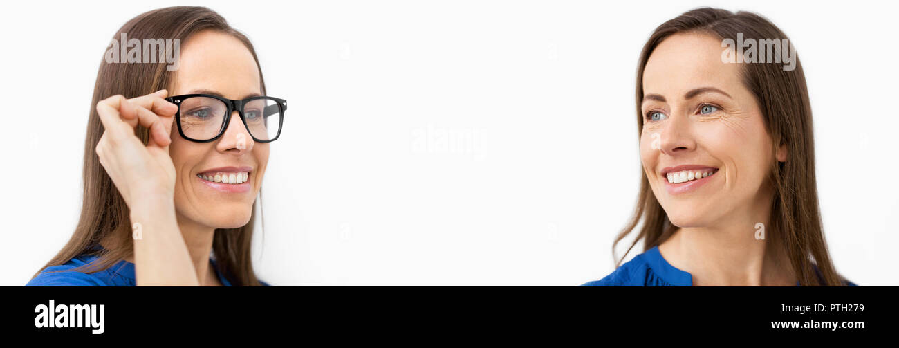 Dieselbe Frau mit und ohne Brille Stockfoto