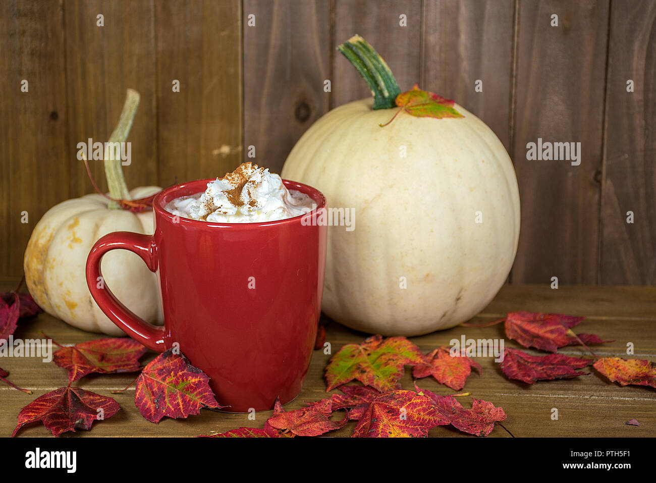 Heiße Schokolade mit Sahne auffüllen in rot Tasse mit Herbstlaub und weißen Kürbisse auf rustikalem Holz Stockfoto