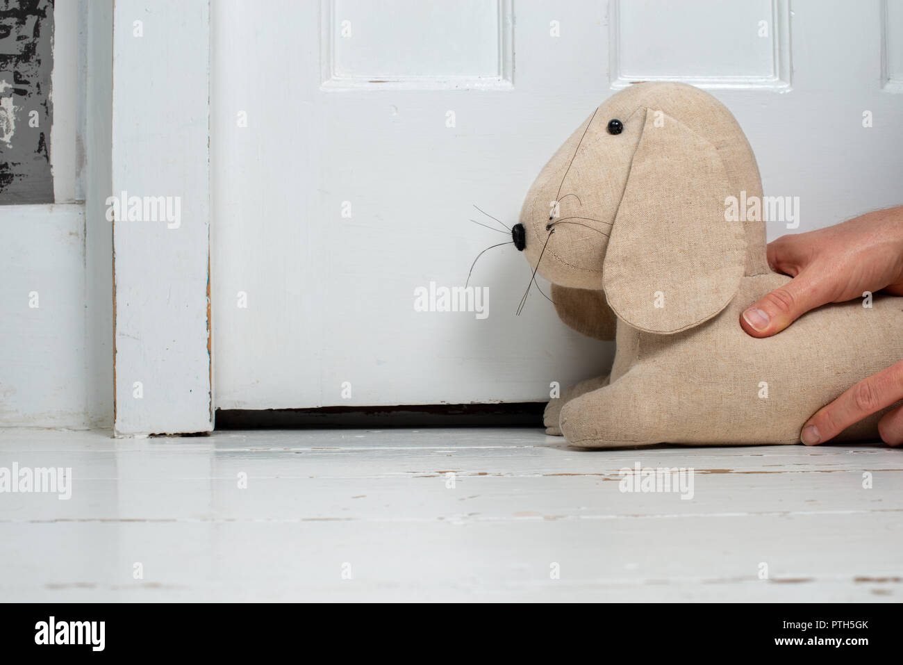 Person, die einen hundeförmigen Zugausschluss vor eine Tür stellt. Stockfoto