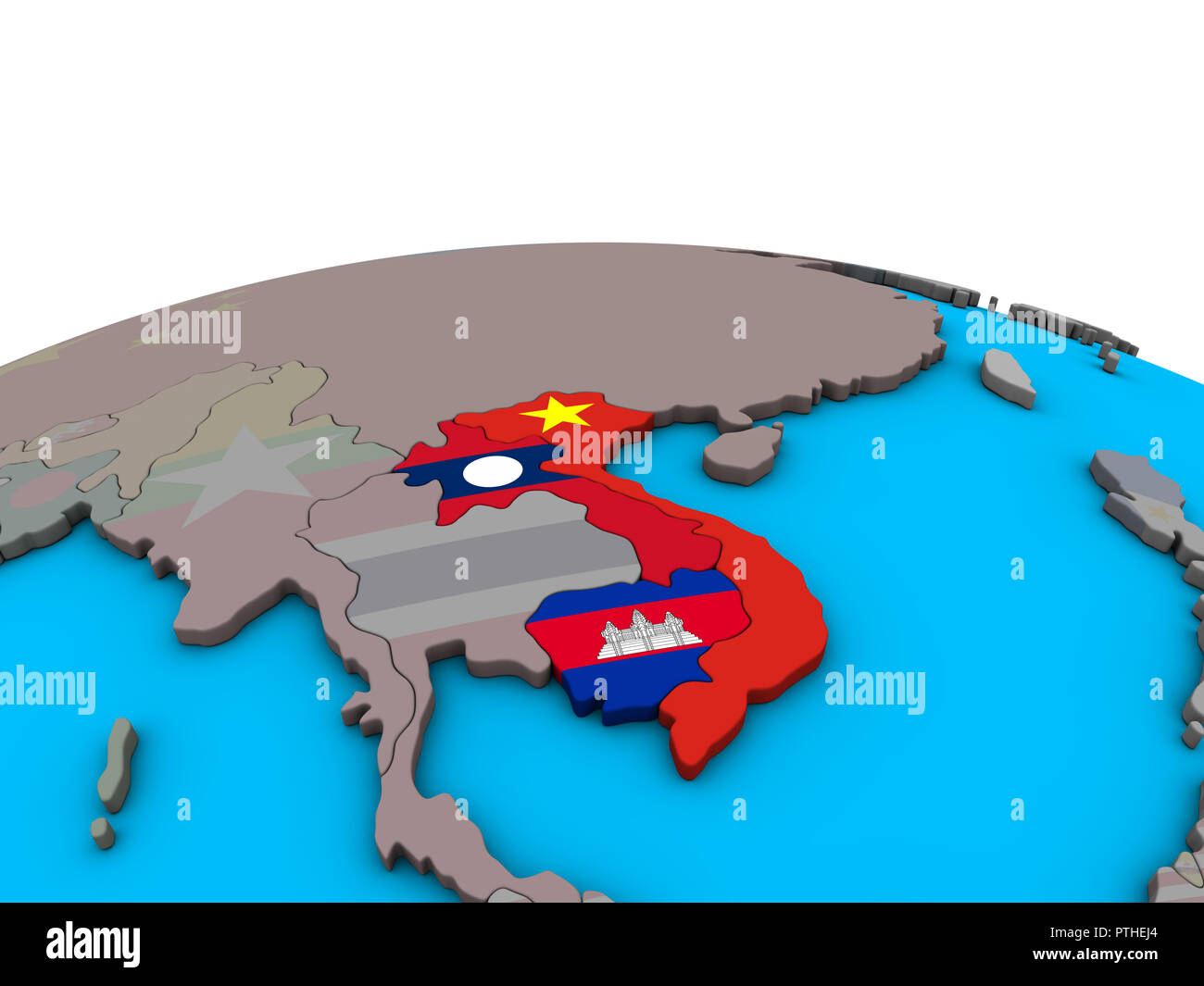 Indochina mit integrierten nationalen Flaggen auf politische 3D-Globus. 3D-Darstellung. Stockfoto