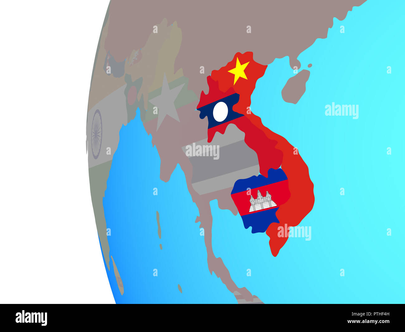 Indochina mit eingebetteten nationale Flaggen auf Blau politische Welt. 3D-Darstellung. Stockfoto