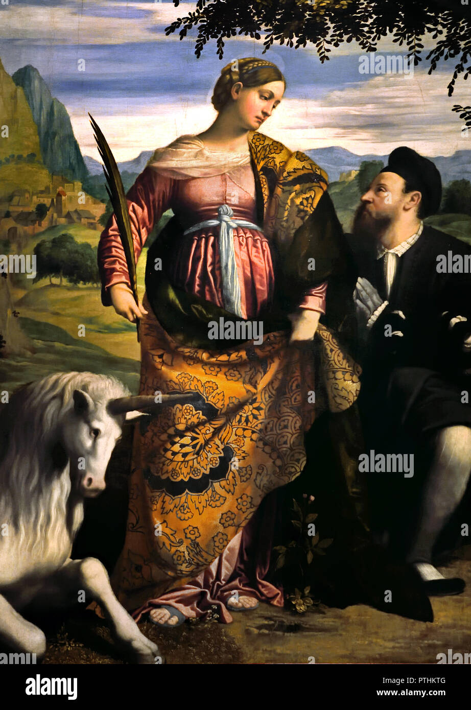 St. Justina, angebetet von einem Gründer um 1530/1534: Alessandro Bonvicino, genannt Moretto da Brescia Brescia (1498 - 1554) Italien Italienisch Stockfoto