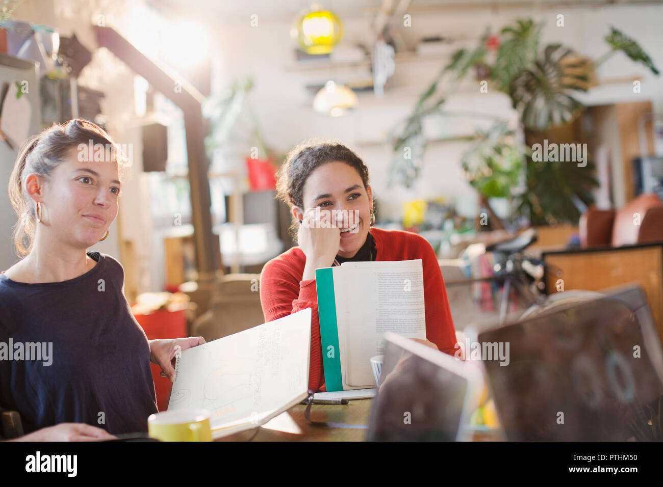Junge weibliche Studentin Mitbewohner studieren in der Wohnung Stockfoto