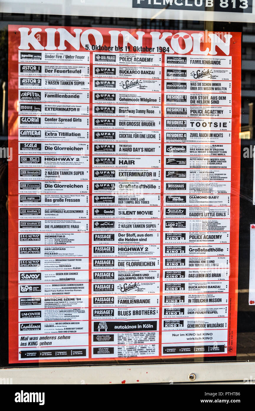 Archiv Poster Filme in den Kinos der Stadt im Oktober 1984, Filmclub 813, Die Brücke, Hahnenstrasse, Köln, Nordrhein-Westfalen, Deutschland Stockfoto