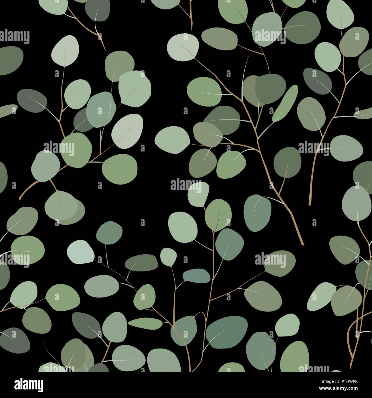 Nahtlose Muster mit Eukalyptus. Handgemalten floralen Ornament mit Silver Dollar, gesät und Baby eukalyptus Niederlassungen auf schwarzem Hintergrund isoliert. V Stock Vektor