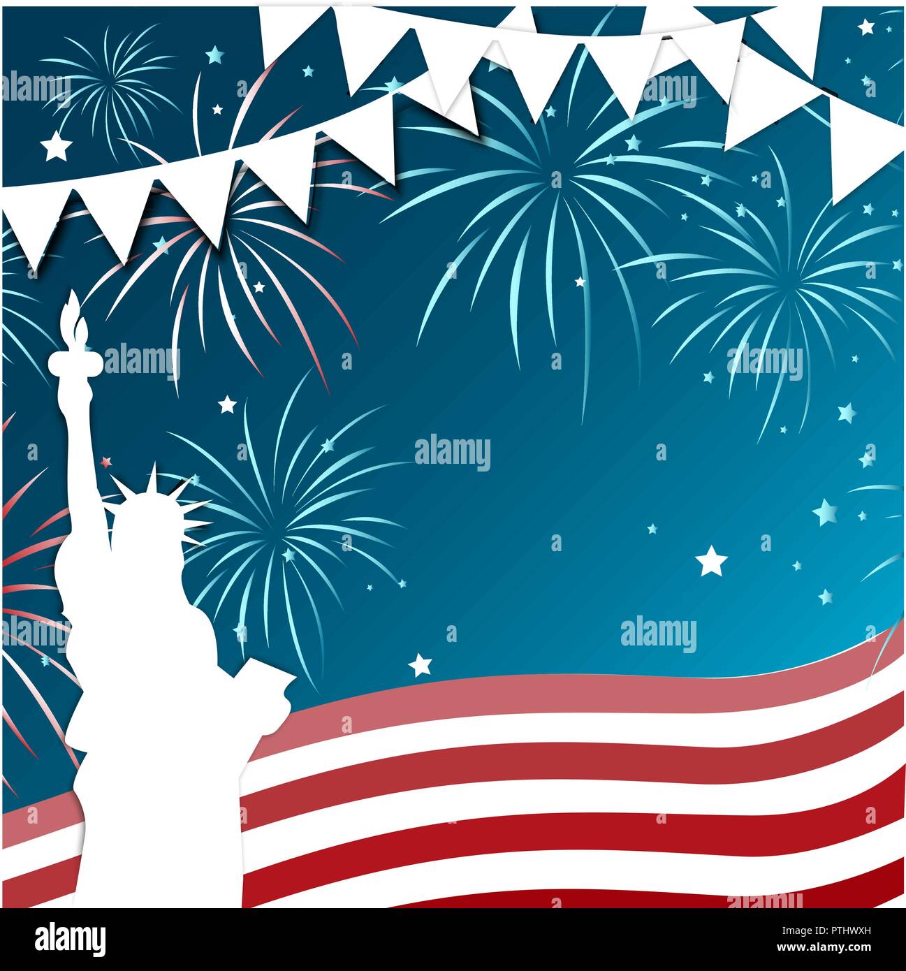 4. der Juli Feier Hintergrund Design mit USA-Flagge und Freiheitsdenkmal. American Independence Day Square Banner. Vector Illustration Stock Vektor
