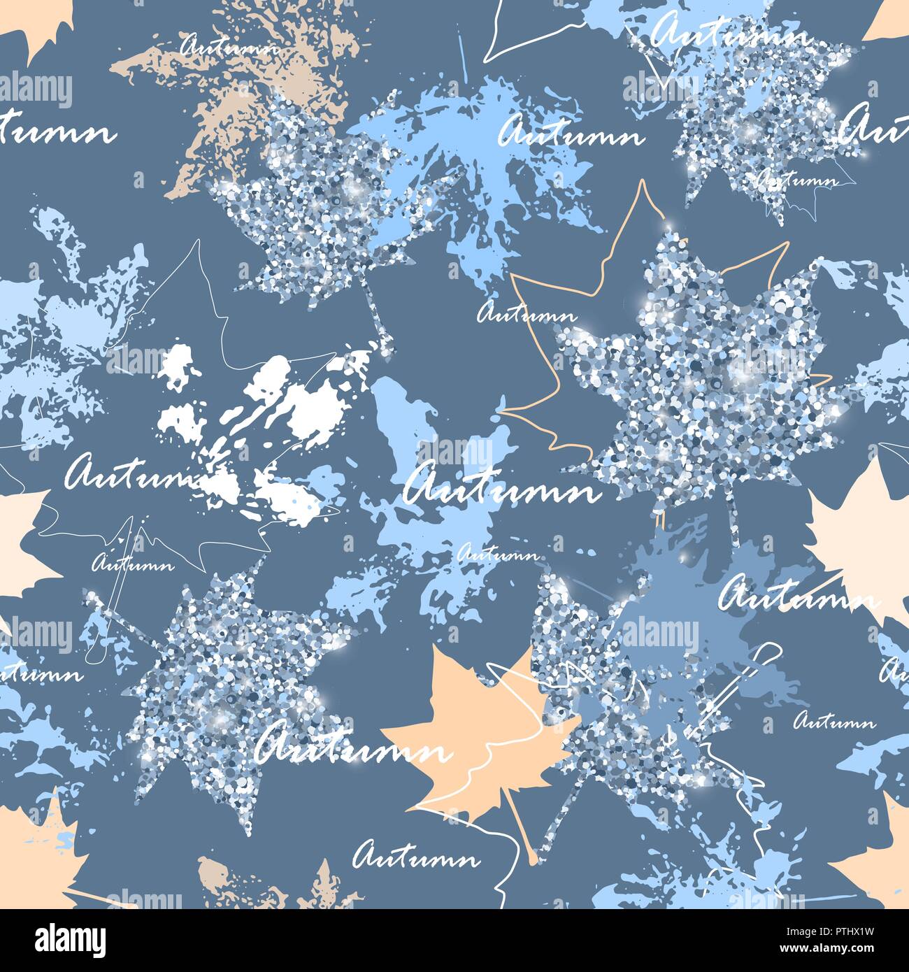 Blätter im Herbst nahtlose Muster mit gold glitzer Textur und maple leaf Abdrucke. Stilvolle Background, Silber und Blau Palette. Vector Illustration Stock Vektor