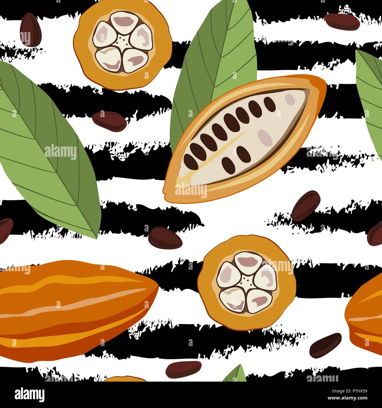 Nahtlose Muster mit Kakao Früchte und Blätter, und Grange schwarze Streifen auf weißem Hintergrund. Vector Illustration für die Verpackung von Schokolade und Cho Stock Vektor
