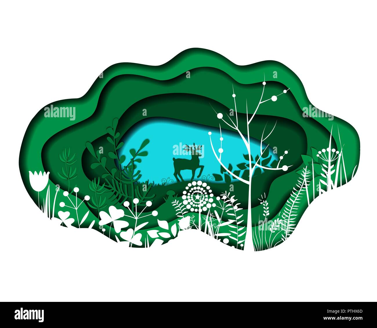 Papier schneiden Schöne Landschaft mit See, Bäume, und Rotwild Silhouette. Verwendbar für Web und Print, Banner, Poster, Karten. Vector Illustration. Stock Vektor