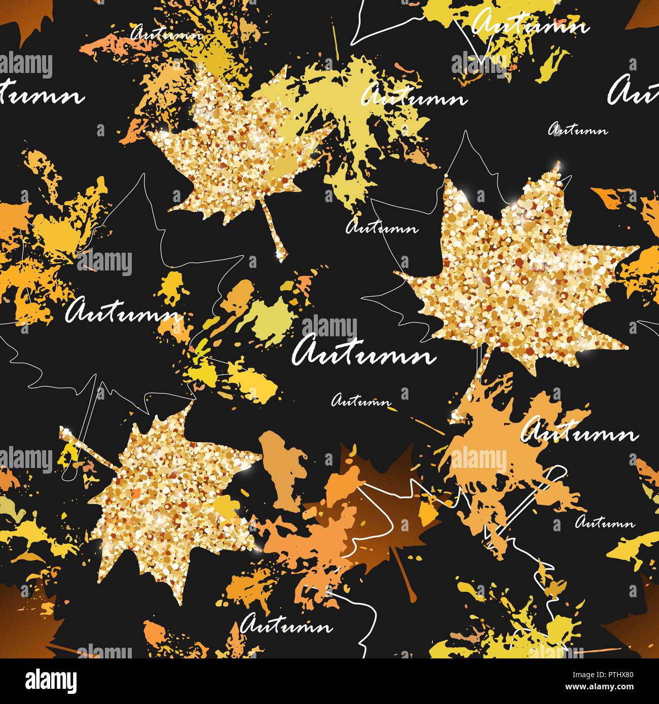 Blätter im Herbst nahtlose Muster mit gold glitzer Textur und maple leaf Abdrucke. Stilvolle Background-, Textil- oder Verpackung Papier Design. Vektor illustr Stock Vektor