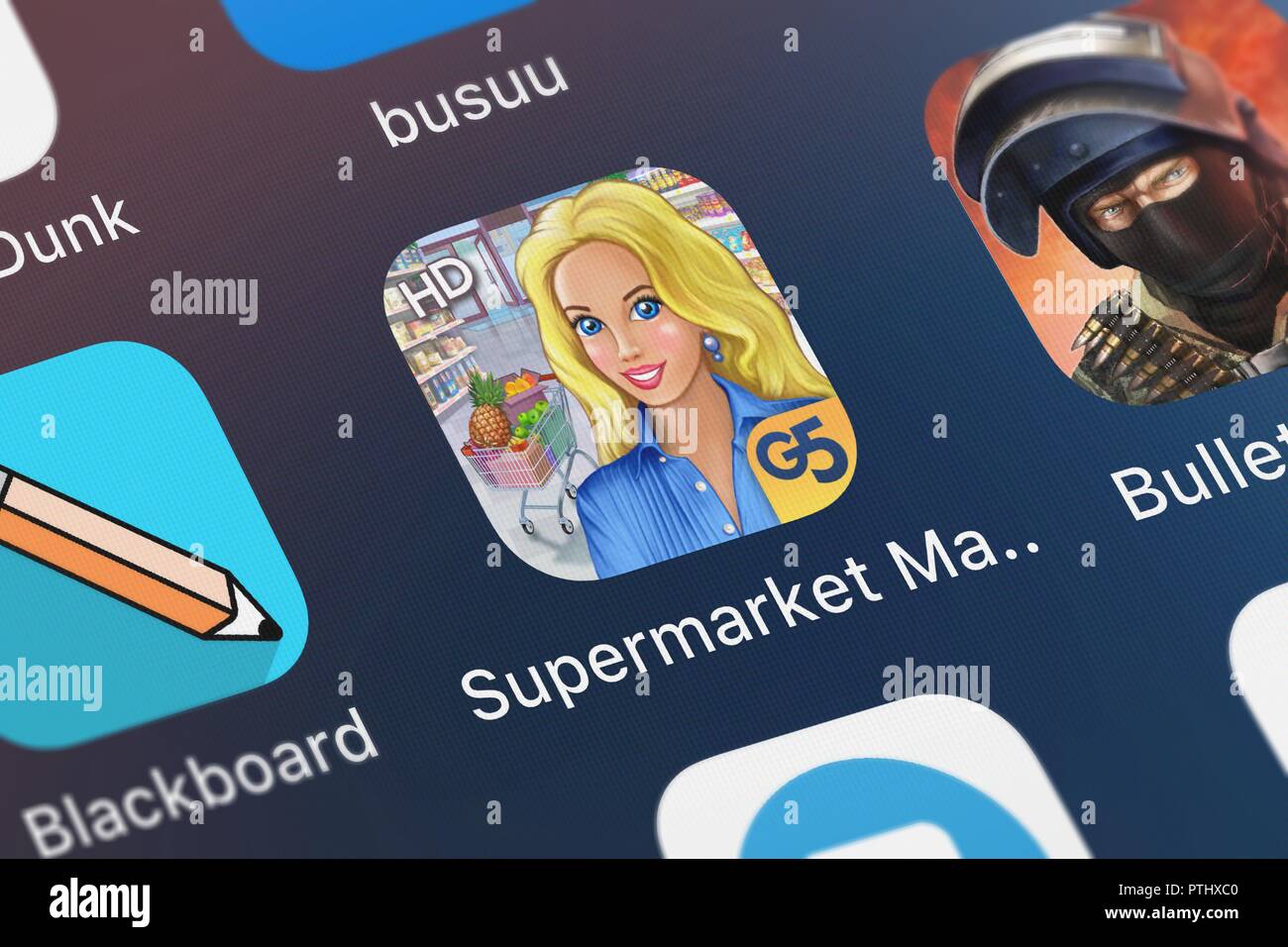 London, Großbritannien - 09.Oktober 2018: Screenshot der mobile App Supermarket Management 2 HD (Voll) von G5 Entertainment AB. Stockfoto