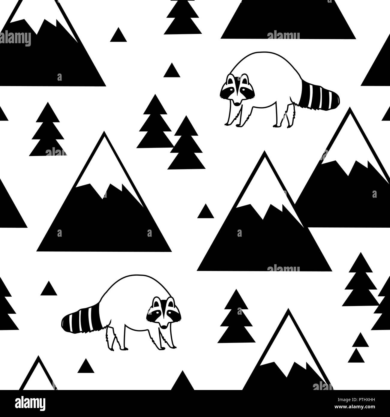 Schwarz und Weiß nahtlose Muster eines Waschbären, Berge und Wälder. Vector Illustration Stock Vektor