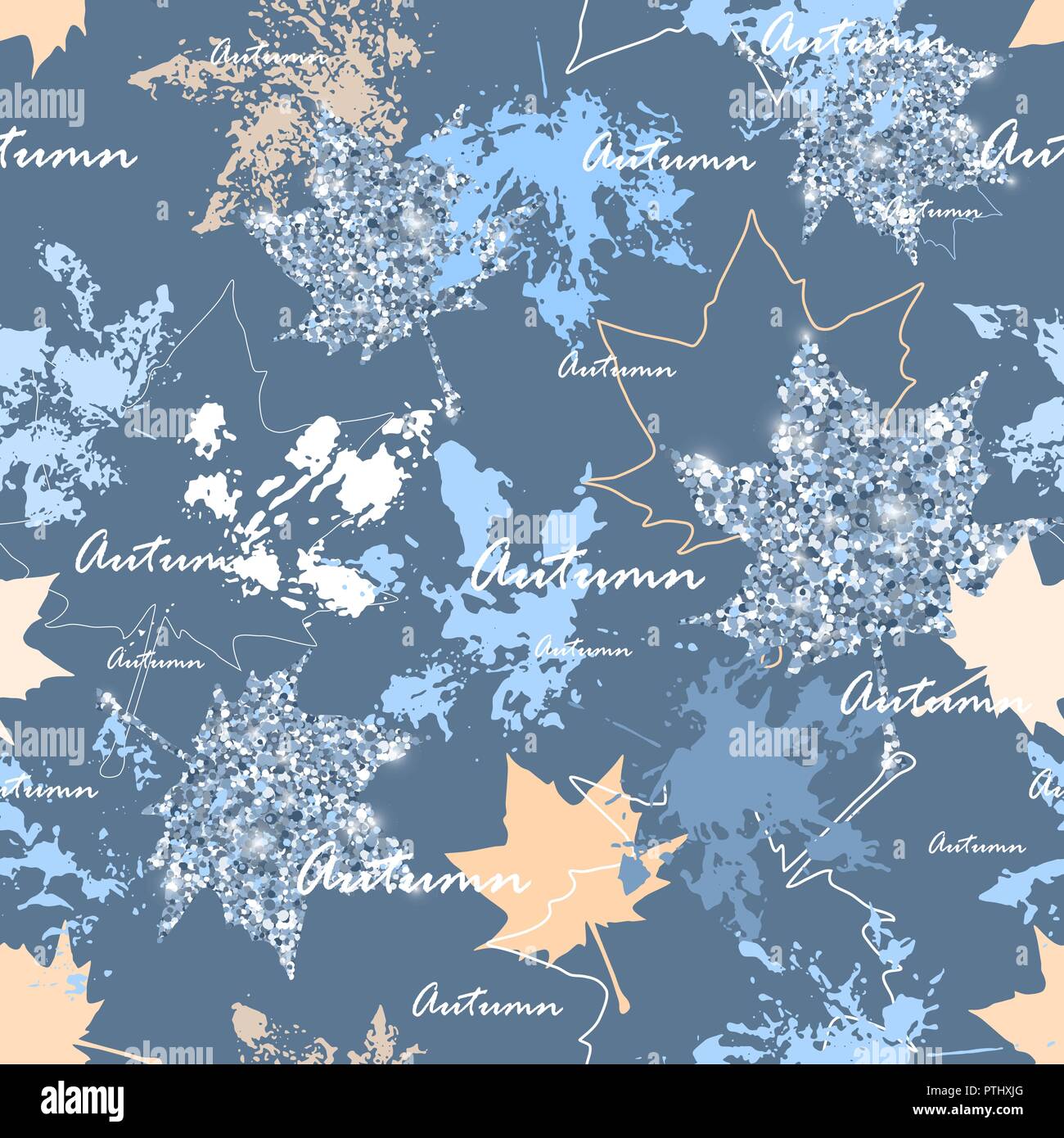 Blätter im Herbst nahtlose Muster mit gold glitzer Textur und maple leaf Abdrucke. Stilvolle Background, Silber und Blau Palette. Vector Illustration Stock Vektor