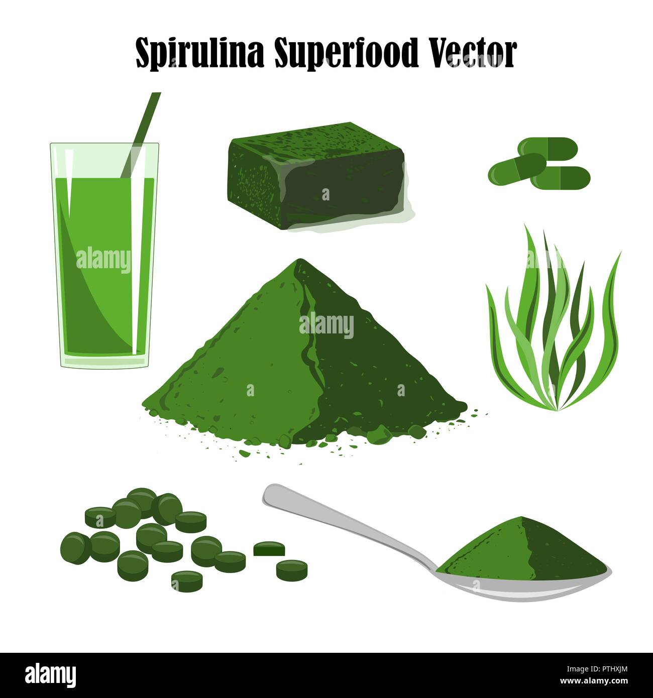 Spirulina Pflanze, Pulver, Pillen, Kapseln, gefrorenen Würfel, und Smoothies. Vector Illustration Satz von Algen und Medizin Droge isoliert auf weißem backgroun Stock Vektor